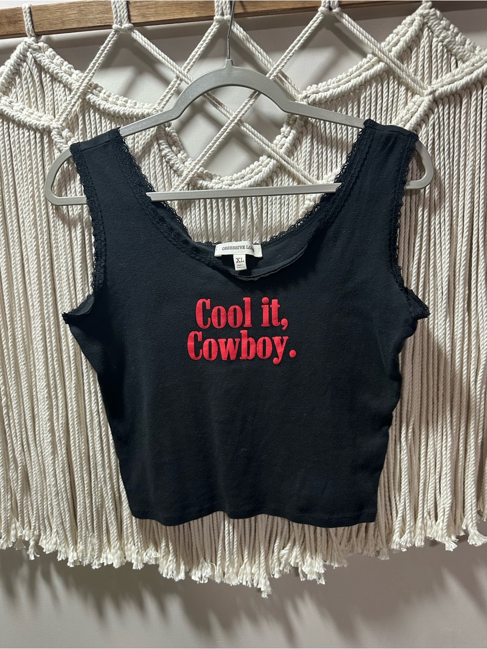 Marshalls Black Crop Tank with Red "Cool it, Cowboy." Graphic